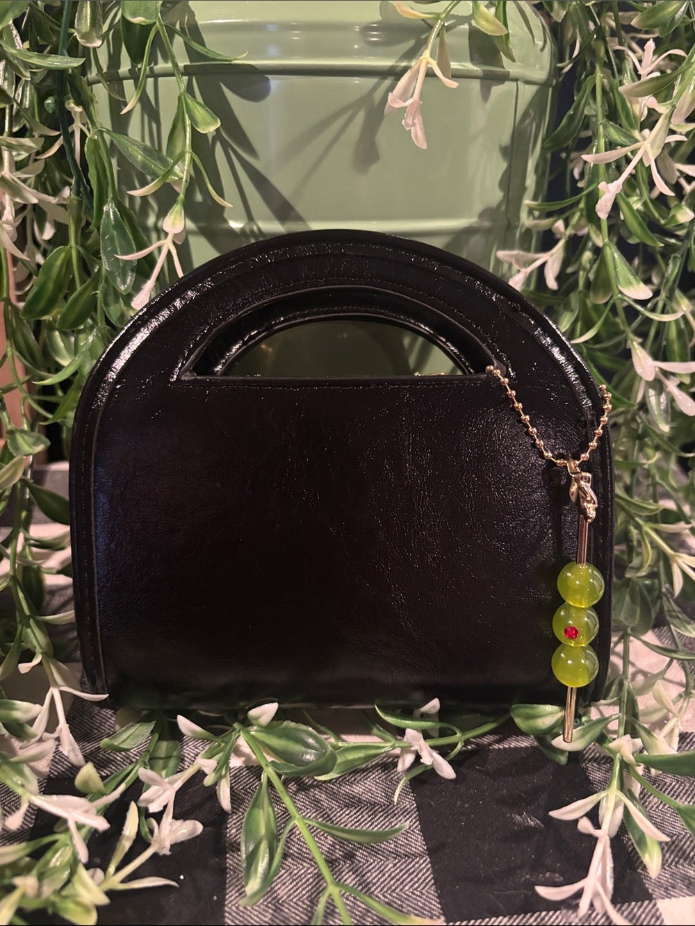 Black Mini Leather Arch Handle Clutch with Gold Chain and Green Beaded Charm - Picture 1 of 6